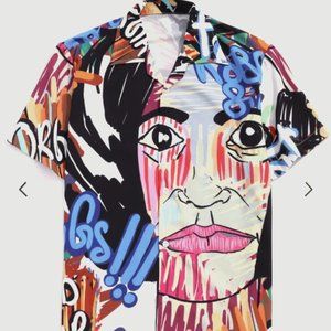 Graffiti Graphic Print Button Down Shirt - Blueber